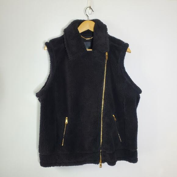 RLL Ralph Lauren Black sherpa Fleece Vest with Gold Zipper Size Large EUC - Picture 1 of 14